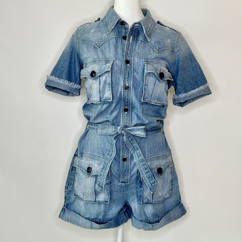 TRUE RELIGION Shorts Romper Womens Sz S Blue Denim Pockets & Belt Festival -READ